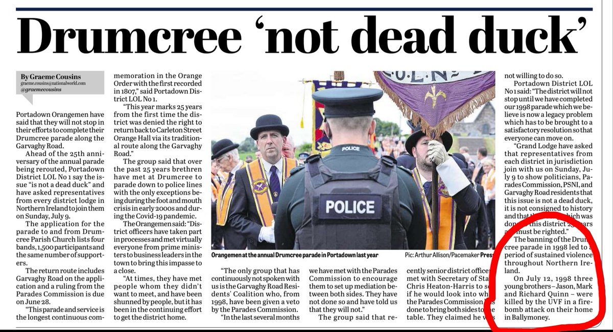 Orange Order should stop damaging it's reputation by pursuing a pyrrhic victory at Drumcree. 
The cost of completing previous marches was the murder of innocents. Repentance for the sin of pride might be more beneficial to the Order than 'completion' of Drumcree.