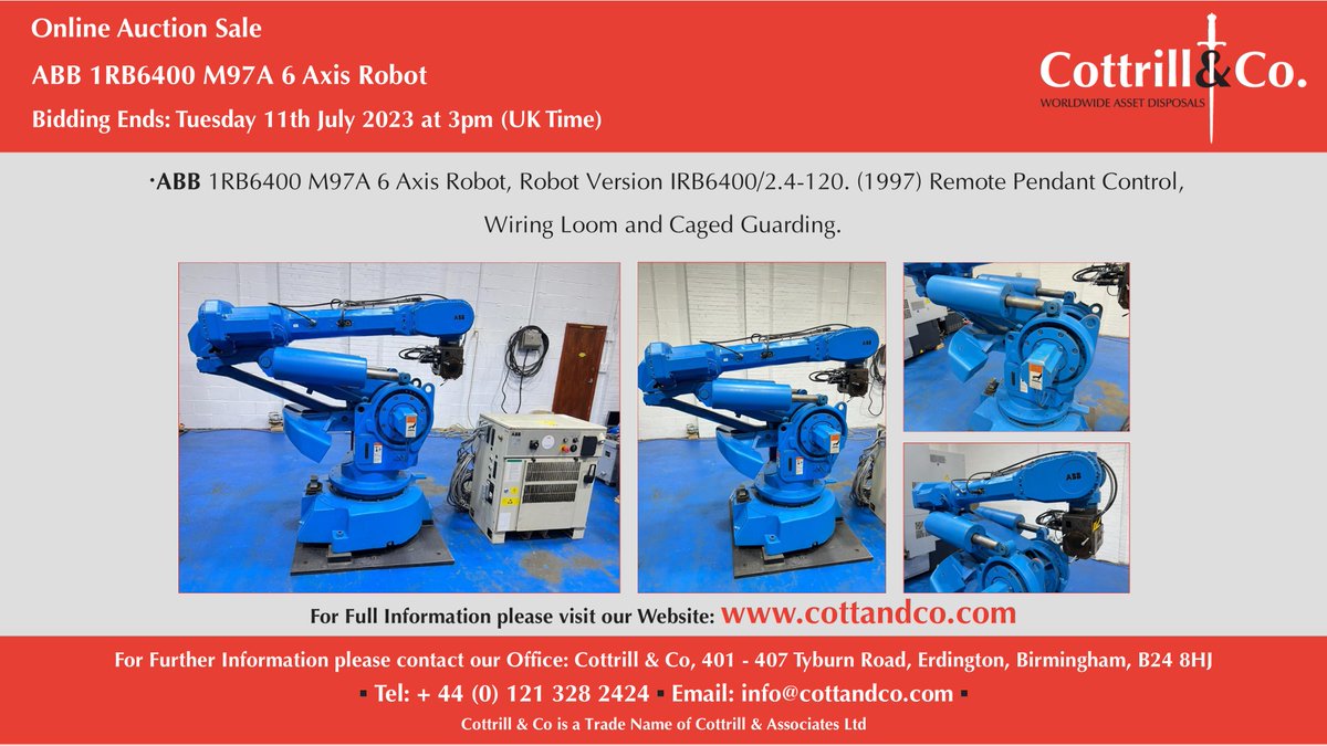 📆 Online #Auction Sale - 11 July 2023 - ABB 1RB6400 M97A 6 Axis Robot #cnc #EngineeringUK #engineering #ukmfg #usedmachines #manufacturinguk #manufacturing 

Link to Auction: cottandco.com/en/lots/auctio…