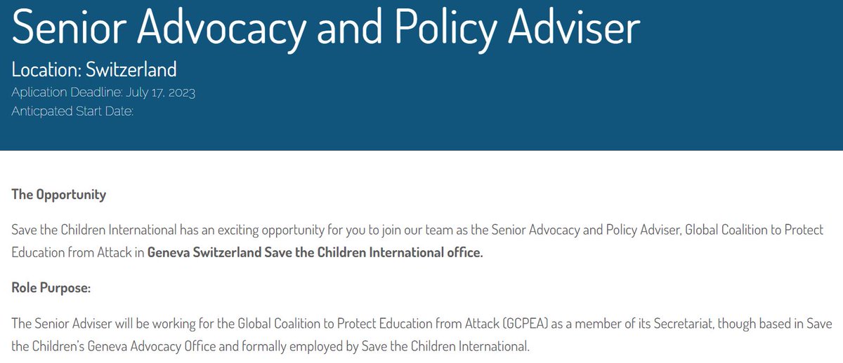 🚨Job alert! The Global Coalition to Protect Education from Attack (@GCPEAtweets) is looking to hire a new senior advocacy and policy adviser, to be based in Geneva. It's a fantastic job, and they need a fantastic person: protectingeducation.org/job/senior-adv… #ChildRights #HumanRightsJobs