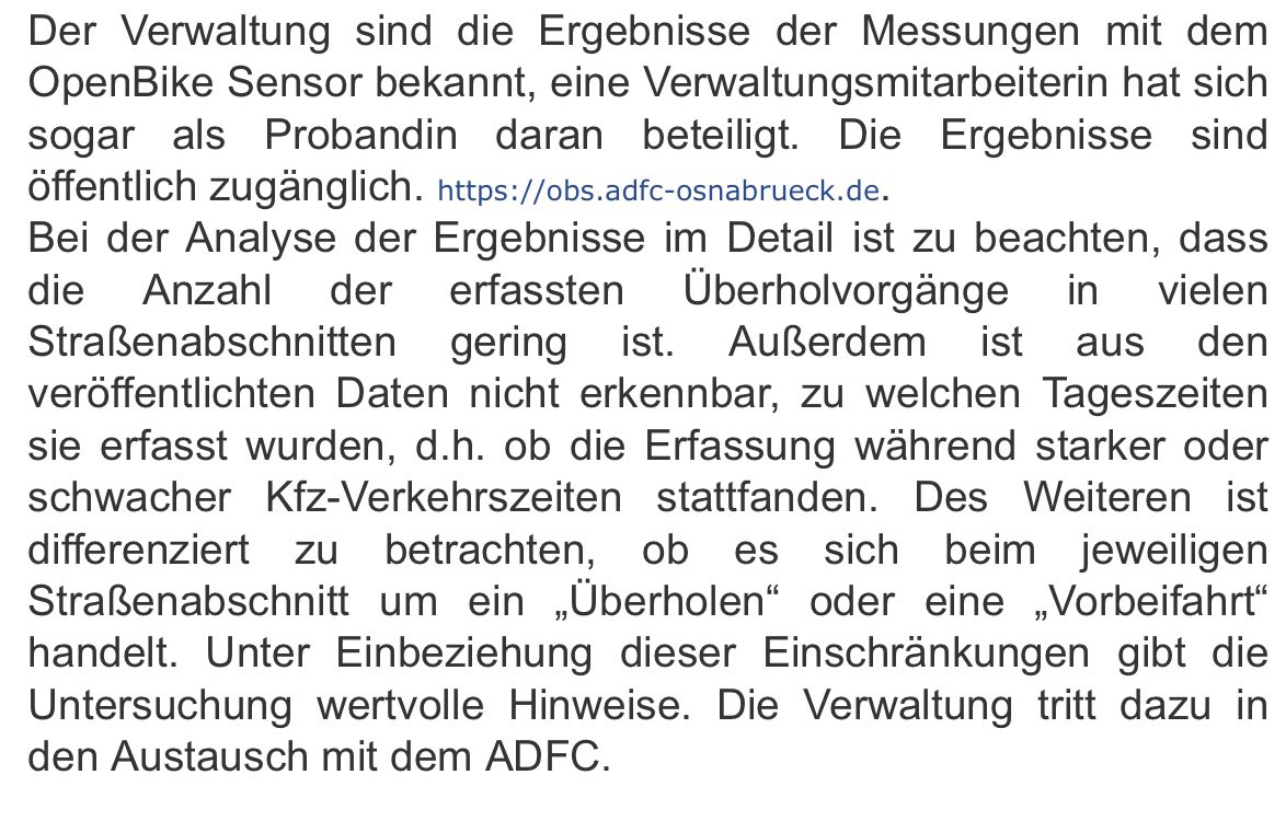 Die Verwaltung hat sich mit den Ergebnissen des #OpenBikeSensor|s in #Osnabrück des @ADFC_OS beschäftigt. Kleiner Hinweis an diese: #Radfahrer*innen ist es egal, ob sie beim Überholen (Schutz-) oder Vorbeifahren (Radfahrstreifen) getötet werden!

#osrat 

ris.osnabrueck.de/bi/vo020.asp?V…