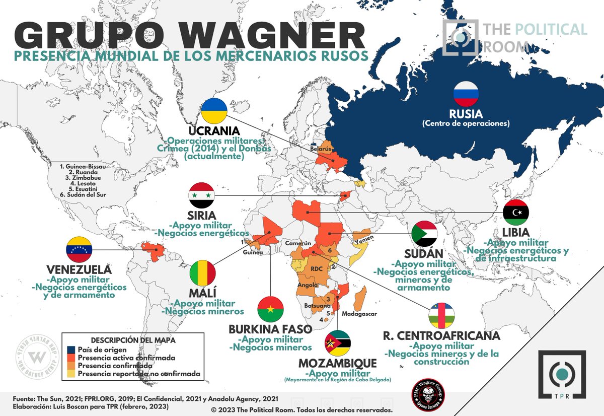 Political_Room's tweet image. 🇷🇺El motín del Grupo Wagner puede tener importantes consecuencias globales debido a su presencia en diversos lugares, especialmente en África.

🗺️En este mapa os mostramos dónde se localizan las actividades del Grupo.