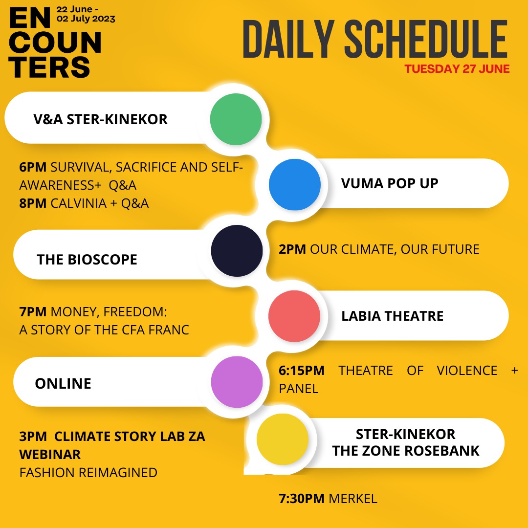 #ENCOUNTERSDOC DAILY SCHEDULE: 27th JUNE TICKET BOOKING: linktr.ee/encountersdoc EVENT RSVP: Encounters.co.za/industry-events Todays Venues: 
V &amp; A <a href="/sterkinekor/">Ster-Kinekor</a>
<a href="/RosebankTheZone/">The Zone @ Rosebank</a>
<a href="/the_bioscope/">The Bioscope</a>
<a href="/LabiaTheatre/">Labia Theatre</a>
<a href="/buhle_sithela/">Buhle Sithela</a>
#vumapopup
