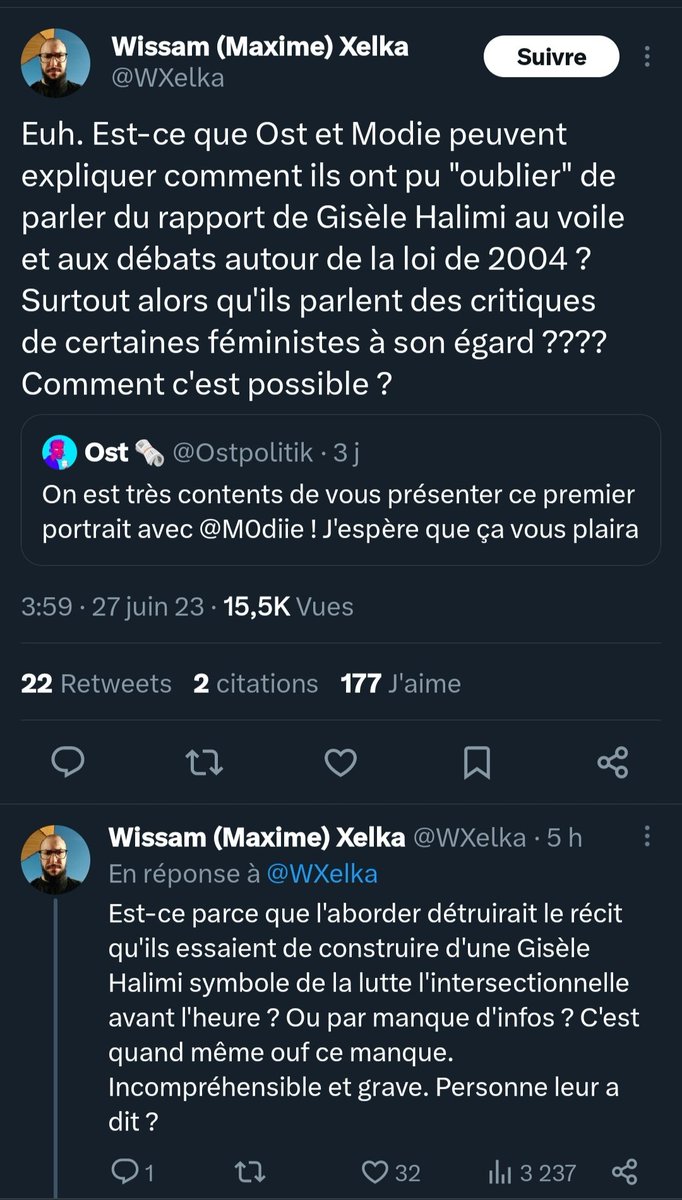 Calyss11's tweet photo. Ouin Ouin Gisèle etait une feministe blanche raciste et islamophobe parce que... pro loi de 2004. Alala on sent la haine que les decoloniaux et bigots musulmans ont pour cette loi, même pas foutus de pouvoir voiler les gosses dans l'ecole publique (et vive Delphy mdr) #Xelka https://t.co/NAigQbwlg7