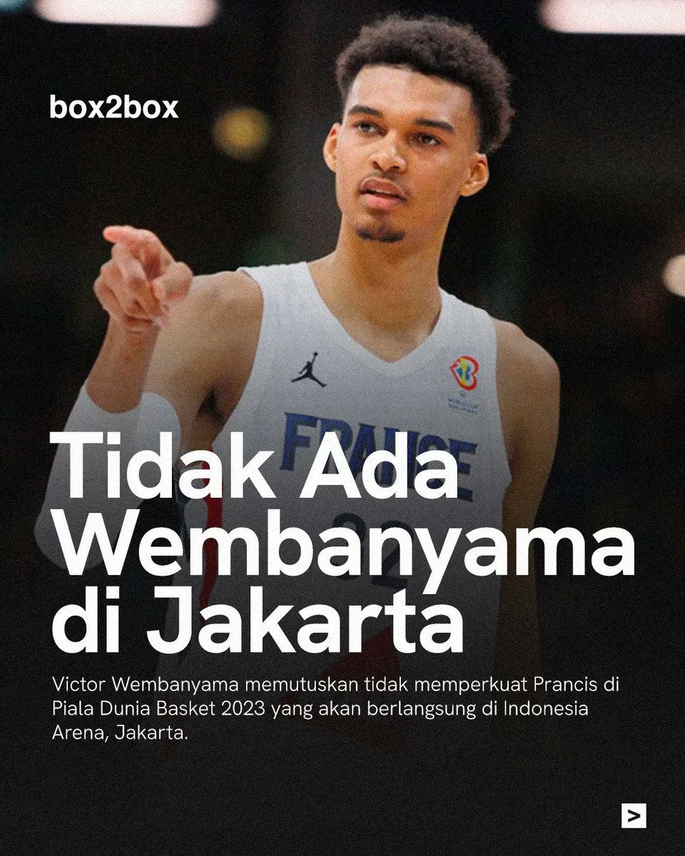 Box2boxID's tweet photo. Victor Wembanyama tidak berangkat ke Jakarta. 💔

Dia memutuskan batal memperkuat Timnas Prancis pada Piala Dunia Basket tahun ini.

No Wemby, No Party? 👀 https://t.co/inZwSdwgIQ