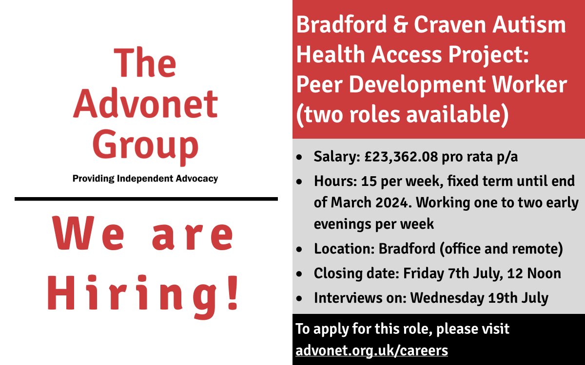We are #recruiting two Peer Development Workers for an exciting new pilot #autism project in #Bradford and #Craven! If you are looking for #PartTimeJobs, please apply here: advonet.org.uk/2023/06/16/job… #BradfordJobs #YorkshireJobs #CharityJobs #HiringNow