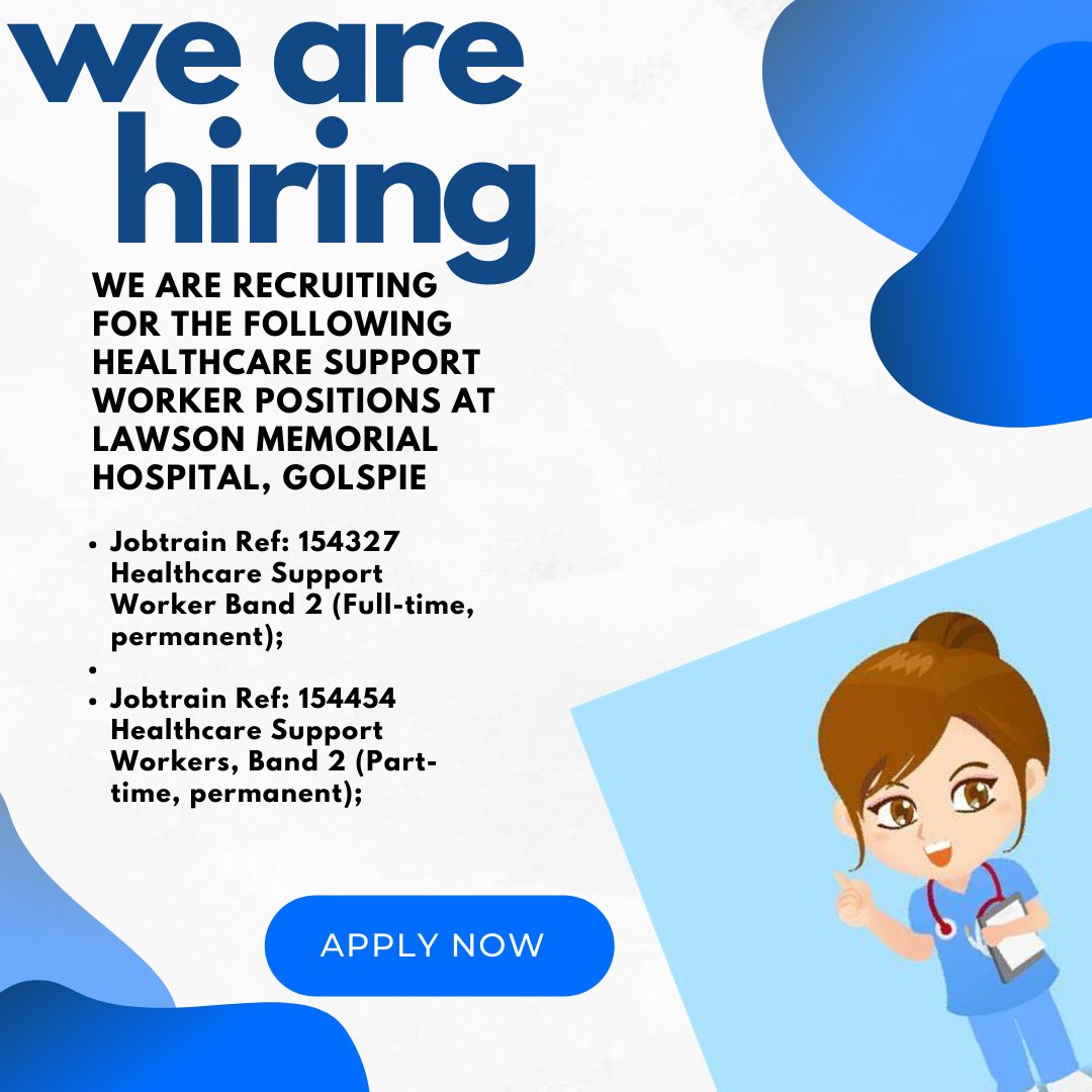 NHSHJobs's tweet photo. #nhshighland 
Exciting Healthcare Support Worker opportunities at Lawson Memorial Hospital, Golspie, for dedicated and compassionate individuals!

For full-time permanent post: Apply via: https://t.co/jIHwny9q9n
For part-time permanent posts: Apply via: https://t.co/Sz4PvWuQEs https://t.co/a7YZjxERGZ