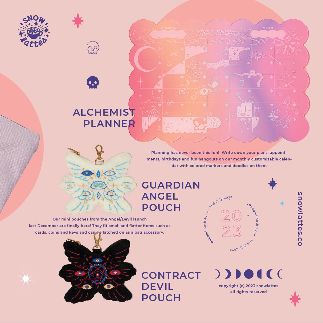 trinkets catalogue for Dokomi 🩷 new stationery collections; 🧪Alchemist's Set ☠️ which will be available online this July, is to debut first on this offline events in limited stocks this weekend💫   visit our table at hall 3 block M62 🫰🩷 !! cant wait to see you there