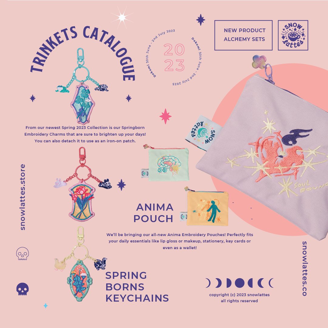 trinkets catalogue for Dokomi 🩷 new stationery collections; 🧪Alchemist's Set ☠️ which will be available online this July, is to debut first on this offline events in limited stocks this weekend💫   visit our table at hall 3 block M62 🫰🩷 !! cant wait to see you there