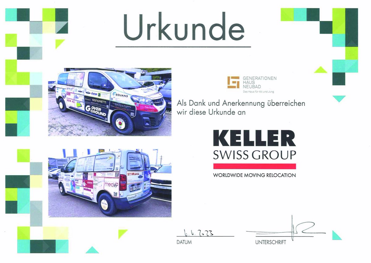 KellerSwiss's tweet photo. What a nice gesture! The “Generationenhaus Neubad” presents Keller Swiss Group with a certificate and puts up our logo on their bus, thanking for sponsoring parts of the bus. We also carried out the relocation of the retirement home and the four day care centres. #kellerteam https://t.co/4Vg1QyH4pB