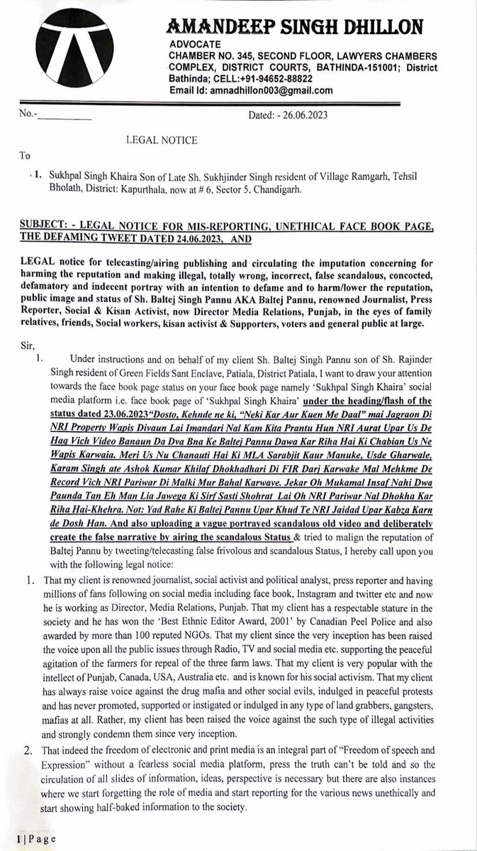 SukhpalKhaira's tweet photo. Mr @BaltejPannu are you trying to intimidate & threaten me by sending legal notices at the behest of govt machinery at your disposal bcoz of your master @BhagwantMann ? My allegations of grabbing of Nri property are based on video of Nri Partap Singh Gill of Canada who is making allegations against you before Nri Minister Kuldeep Dhaliwal. Is it also true you were arrested on charges of rape in November 2015? So don’t try to misuse your official position to gag the voice of opposition-Khaira @INCIndia