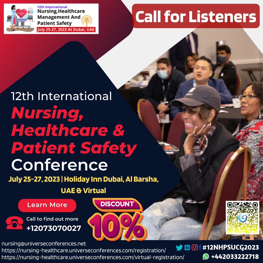 We are excited to announce the upcoming #12NHPSUCG scheduled to take place from July 25-27, 2023 at Holiday Inn Dubai, Al Barsha, UAE & Virtual
Register here: …ng-healthcare.universeconferences.com/registration/

#InterprofessionalCollaboration #PatientAdvocacy #ResilienceInNursing #CulturalCompetence #Nurse