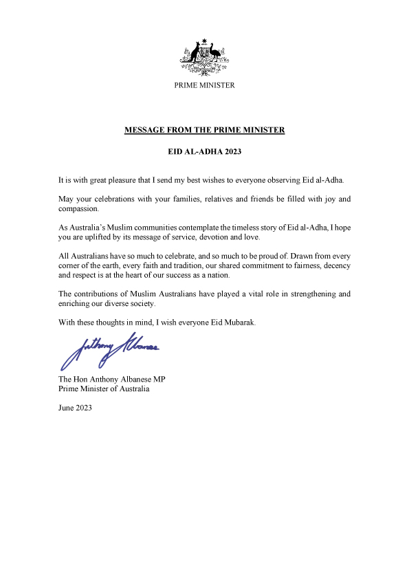 AFICAustralia's tweet photo. Eid Message from the Prime Minister https://t.co/M1lQaReHXp