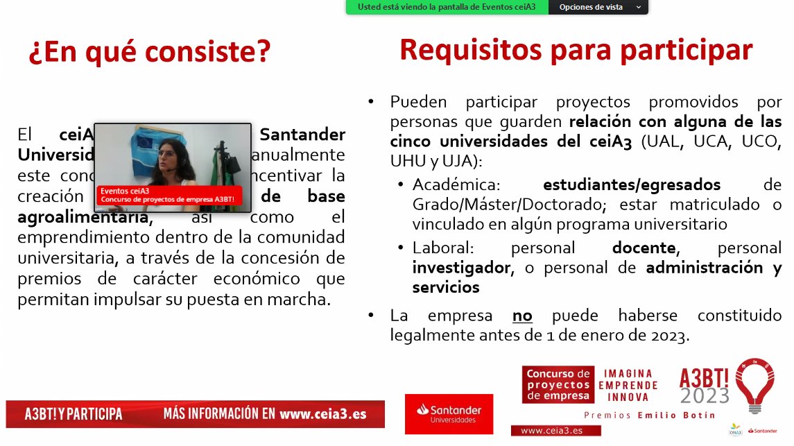 cei_A3's tweet photo. Arranca la jornada informativa online: Concurso A3BT! 2023 #A3BT #emprendimiento #ceiA3 #agroalimentario @SantanderUni 
Puedes seguirlo aquí: https://t.co/vCpQpaBR6Q https://t.co/GtenFZ04UA
