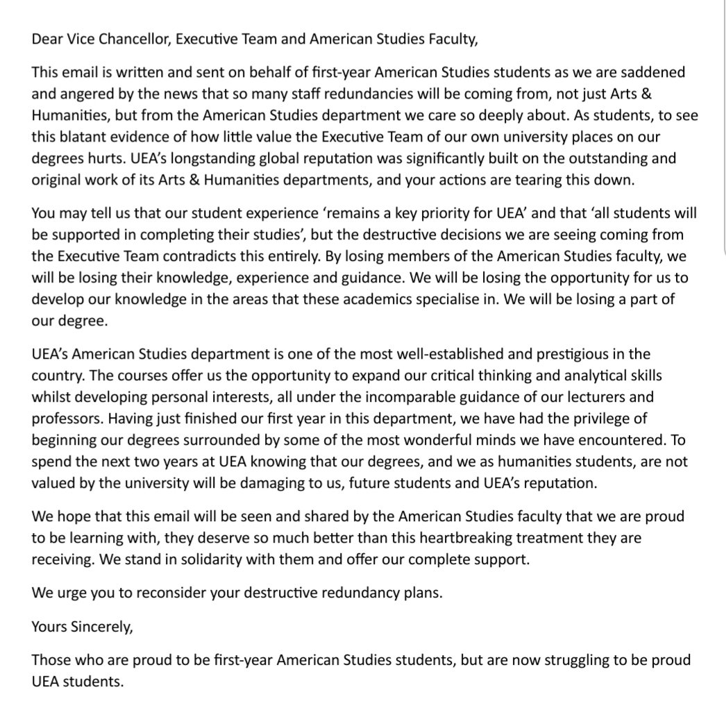 An open letter to the VC, written and sent on behalf of first year American Studies students @uniofeastanglia.
We're saddened and angered but full of pride and support.
Please don't let the Arts & Humanities be torn down like this.
@AmericanStudies
@UEA_UCU
#saveuea