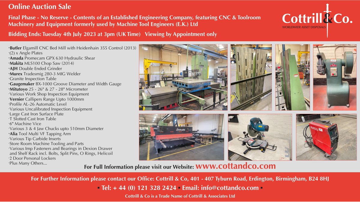 📆 Online #Auction Sale - 4 July 2023 - Final Phase - No Reserve- CNC & Toolroom Machinery and Equipment formerly used by Machine Tool Engineers (E.K.) Ltd #cnc #EngineeringUK #engineering #ukmfg #usedmachines #manufacturinguk #manufacturing 

Link: cottandco.com/en/lots/auctio…