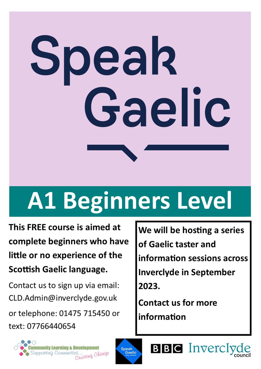 CLDInverclyde's tweet photo. Have you ever wanted to learn Gaelic but not sure where to start? Our beginners class is a great introduction and starts in September 2023. Get in contact to sign up. @inverclyde https://t.co/CtsPddUAZl