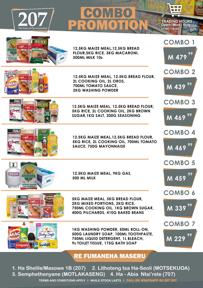 207_Retail's tweet photo. 📣 PROMOTION 📢 PROMOTION 📣 

VALID:  25/06/2023  -  05/07/2023

DELIVERY e teng! 

Romella WhatsApp ho 6220 7207 kapo 5713 1238.
M50.00 - U likhahlametsa setopong, motseng.
M80.00 - U lifumana labaleng, lapeng.

207 ~ The heart of our community 

#207retail #shop207 #BuyLocal https://t.co/i56yGlW4cA