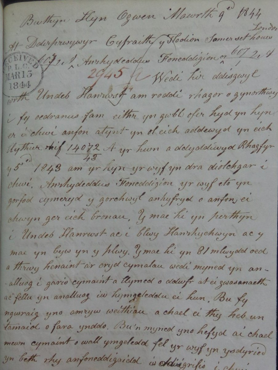 Latest letter from #The_Voices_of_the_Victorian_Welsh_Poor project. We see that John David Owen wrote in 1844, in #Welsh, from Llandegai near Bangor stating that his mother needed additional relief she being in a state of “filth and wretchedness”. See text in image for details.