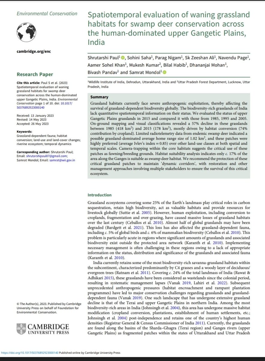 Our latest publication highlights the plight of grasslands in the upper Gangetic plains of north India (57% loss in three decades). However the remnant grasslands are vital for wildlife like swamp deer, shown using multidisciplinary tools.
#grassland  #deer #nonprotected