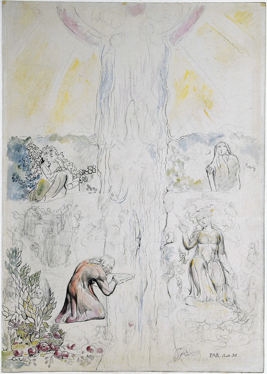 I love Blake's humanity in his portraits of monsters and demons, but also how - after purgatory - he brings humans into the sublime -William Blake (1824-27) Illustrations to Dante's Divine Comedy, Dante in the Empyrean Drinking at the River of Light (1824-27) https://t.co/FkcS1FAf6a