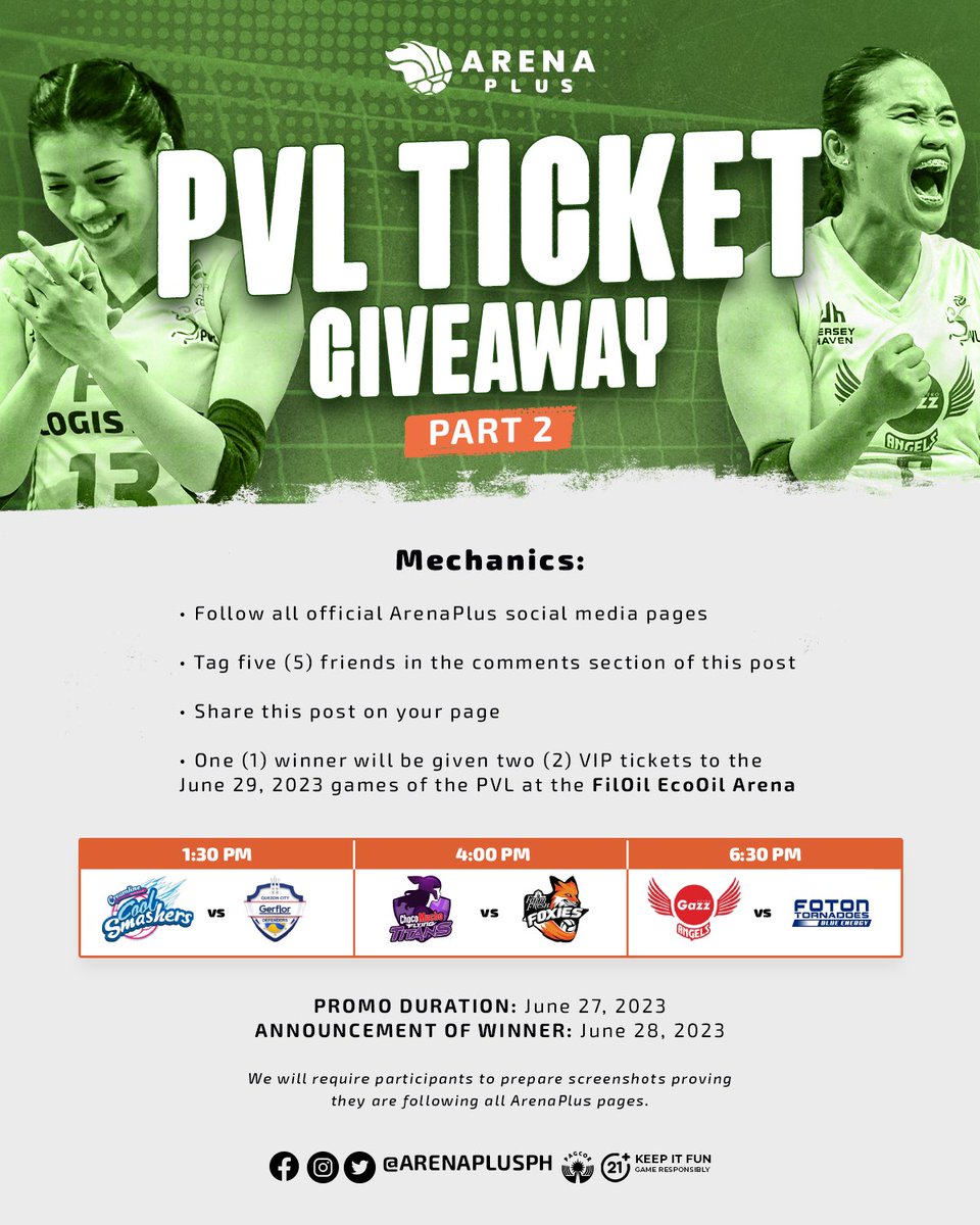 Want to win VIP tickets para sa June 29 PVL games? Now’s your chance! Punta na sa ArenaPlus FB page to join! 🫶🏼

#ArenaPlusPH #AstigSaSports #ArenaPlusPVLGiveaway