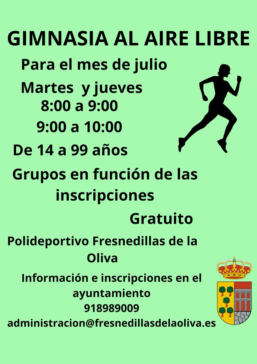 Este verano os proponemos hacer gimnasia al aire libre sin salir del pueblo y de forma gratuita. La cita es todos los martes de julio de 8 a 9 h y de 9 a 10 h en las pistas.

fresnedillasdelaoliva.es/2023/06/27/gim…
