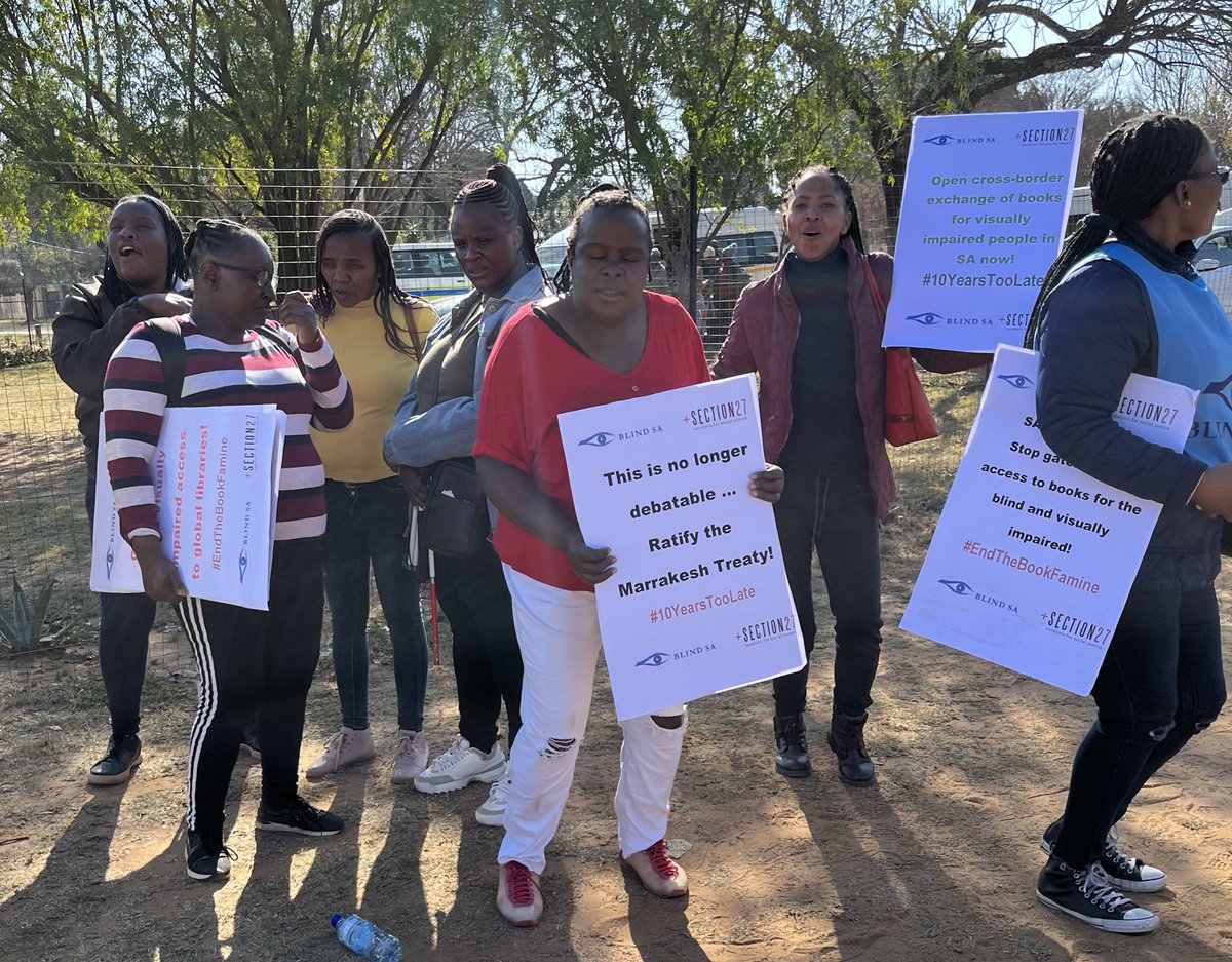 SadtuNational's tweet photo. SADTU is marching  with #BlindSA to #DIRCO offices in Pretoria to call on Government to sign the #MarrakeshTreaty to facilitate  access  to published works for the blind &amp; visually impaired. No education can take place if there is no access to materials. @SECTION27news @SABCNews https://t.co/vnBFdAHPJC