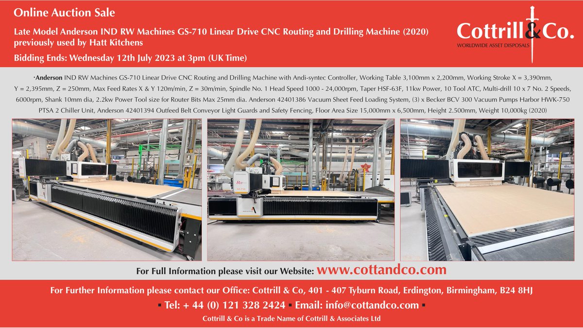 📆 Online #Auction Sale - 12 July 2023 - Late Model Anderson IND RW Machines GS-710 Linear Drive CNC Routing and Drilling Machine (2020) previously used by Hatt Kitchens #woodworking #ukmfg #usedmachines #manufacturinguk #manufacturing

Link to Auction: cottandco.com/en/lots/auctio…