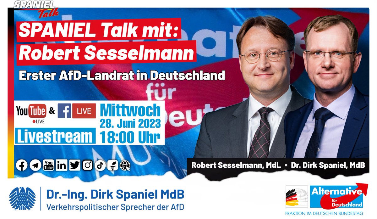 DirkSpaniel's tweet photo. Mittwoch, 28. Juni um 18 Uhr spreche ich mit meinem #AfD-Parteikollegen Robert #Sesselmann über seinen neuen Posten als Chef der Kreisverwaltung #Sonneberg. Seinen Erfolg, seine Werte, seine Ziele. #10JahreAfD #Bereitfürmehr

FB https://t.co/CvpvQYShDt
YT https://t.co/9fZFxo0Mgj https://t.co/JYNm4YeTG9