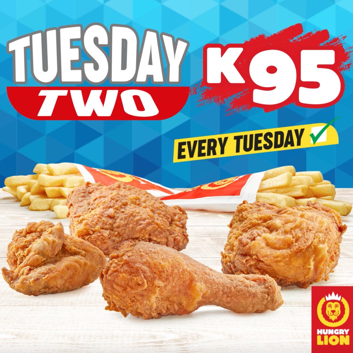 🍗🌮 Craving a delicious midweek treat? Try the Tuesday Two! Four mouthwatering pieces of our delicious fried chicken, paired with golden fries. Hurry, this unbeatable combo is available on Tuesdays only! 🙌😋 #TuesdayTwo #HungryLikeALion