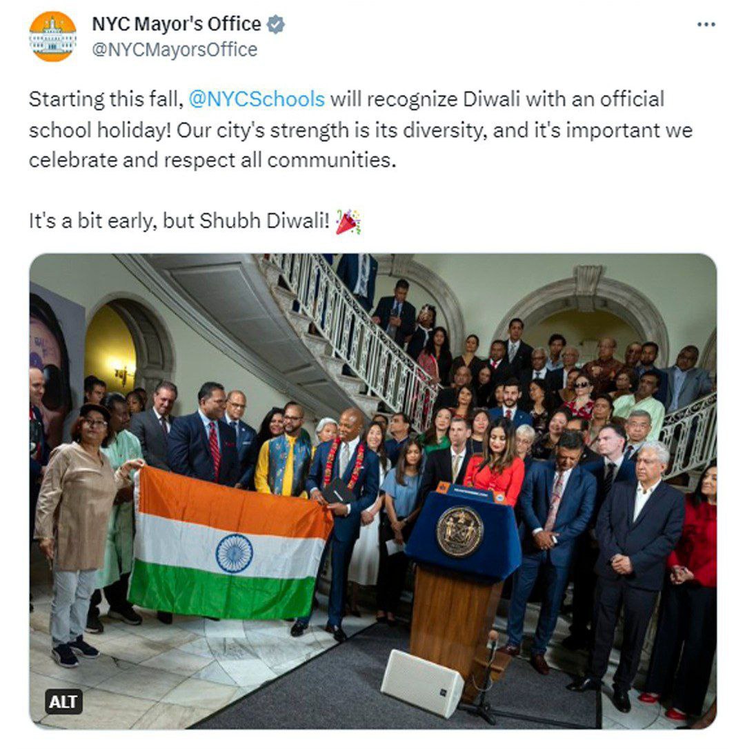 NYC Mayor announced that from this year onwards Diwali will be a school holiday in the city.

#NYC #BidenHarris2024 #Bidenomics #HappyDiwali 
#ModiInUSA