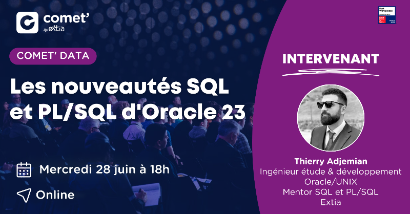 CometByExtia's tweet photo. Hey les #Dev', vous êtes au courant ? @Oracle a annoncé récemment la sortie de la version gratuite d'Oracle #Database 23c. 

Thierry, Ingénieur d’étude et développement #Oracle &amp; #Unix, et Lead de la Comet’ #Data, fera un débrief de la présentation de cette nouvelle version. 👐