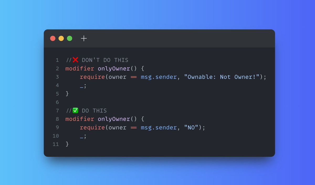 MeetSirja's tweet photo. Consider using short error message instead of long string.

If you are using solidity version higher than 0.8.4, use custom errors.

2/3 https://t.co/S6nr1GX4DQ