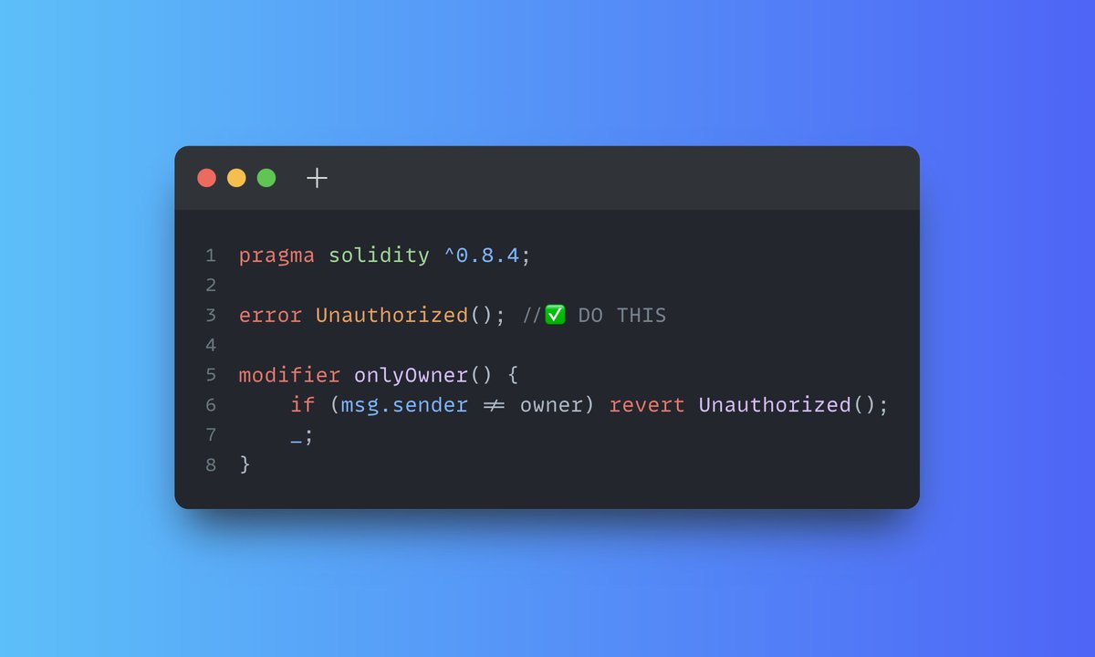 MeetSirja's tweet photo. Consider using short error message instead of long string.

If you are using solidity version higher than 0.8.4, use custom errors.

2/3 https://t.co/S6nr1GX4DQ