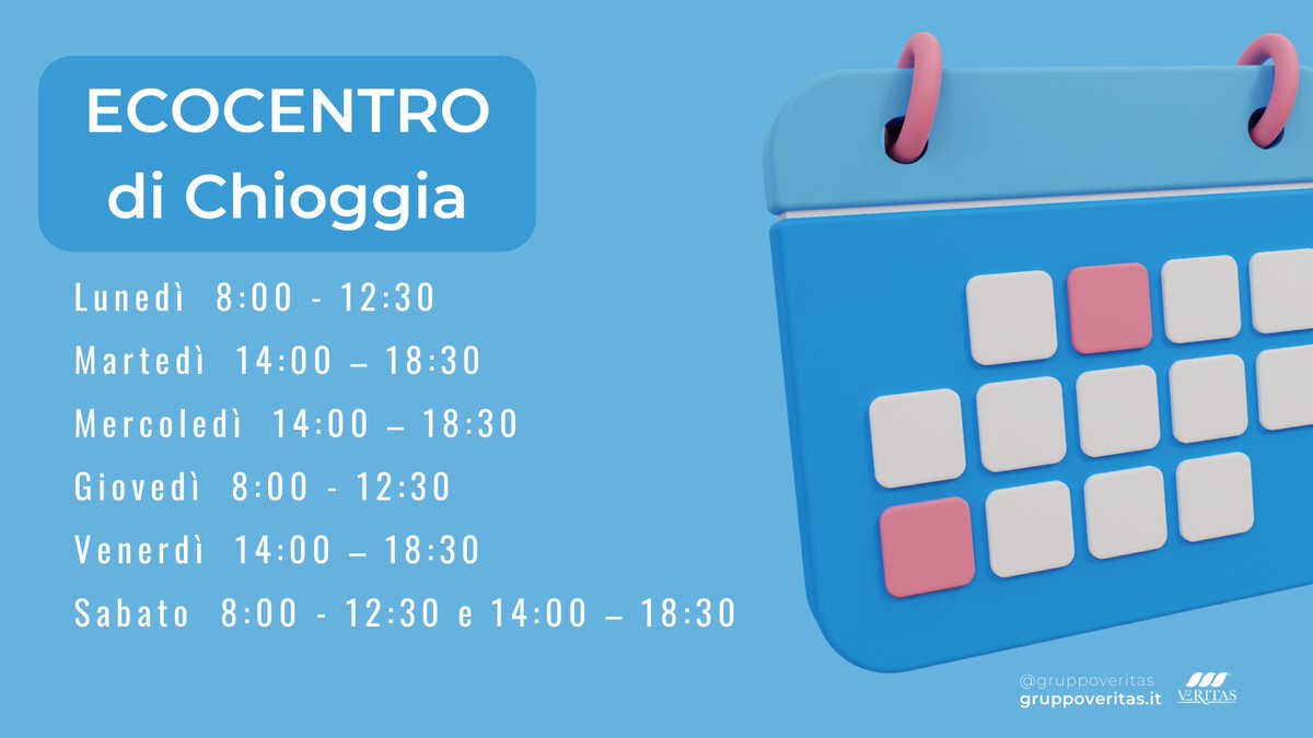 Dal 3 luglio l'#Ecocentro a disposizione dei cittadini, nel comune di #Chioggia, varia gli orari di apertura.

#ComunediChioggia #ChioggiaPulita