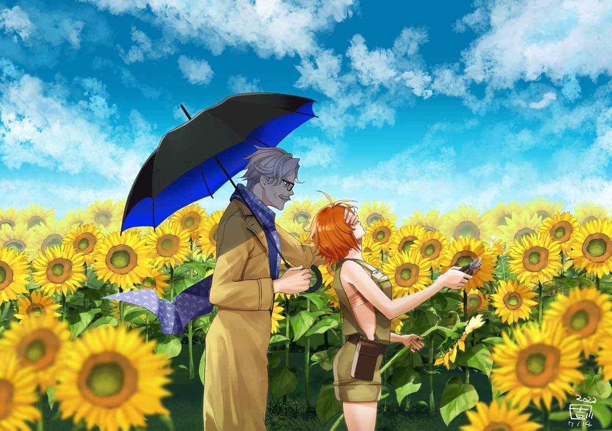 「今日近所の畑にひまわりがたくさん咲いてた (再掲)」|よしかわのイラスト