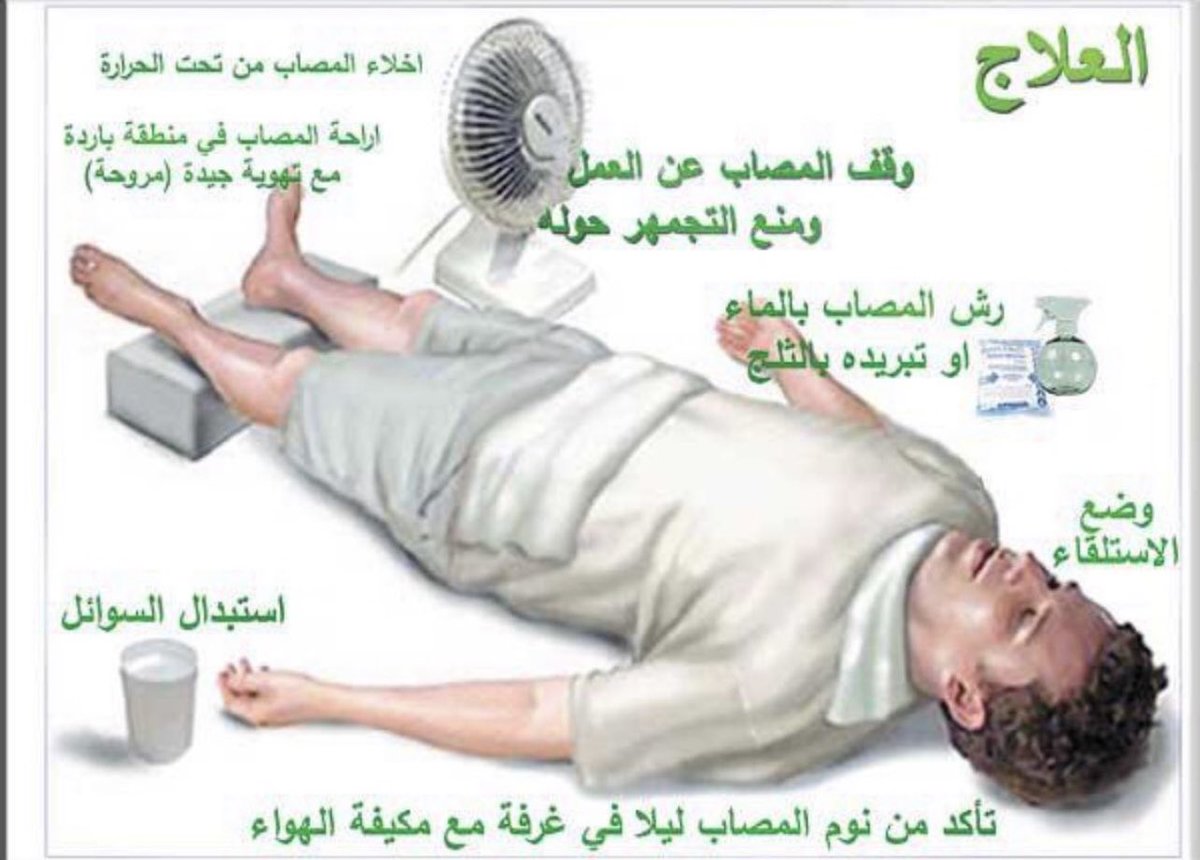 aymen334's tweet photo. الاجهاد الحراري
Heat exhaustion 
سببه الطقس الحار و التعرض لاشعة الشمس لفترات طويلة
اعراضه:
دوخة وتعرق زائد وشحوب وبرودة الجلد مع إنهاك وضعف عام والشعور بالغثيان، وغالبا تكون درجة حرارة الجسم طبيعية 
وقد يتطور الامر في حال عدم سرعة العلاج الى 
ضربة الحرارة او الشمس
 Heat stroke https://t.co/yWfgkBpsh9