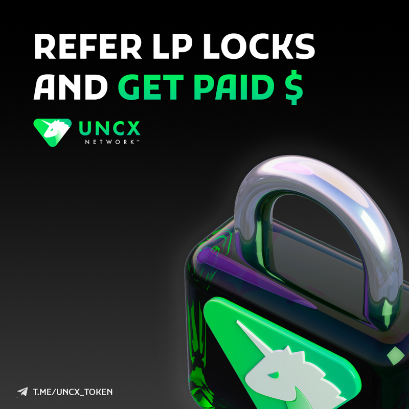 UNCX_token's tweet photo. Join the UniCrypt LP lock referral program and get paid 💰

All protocols should be locking liquidity, click to find out how to participate.