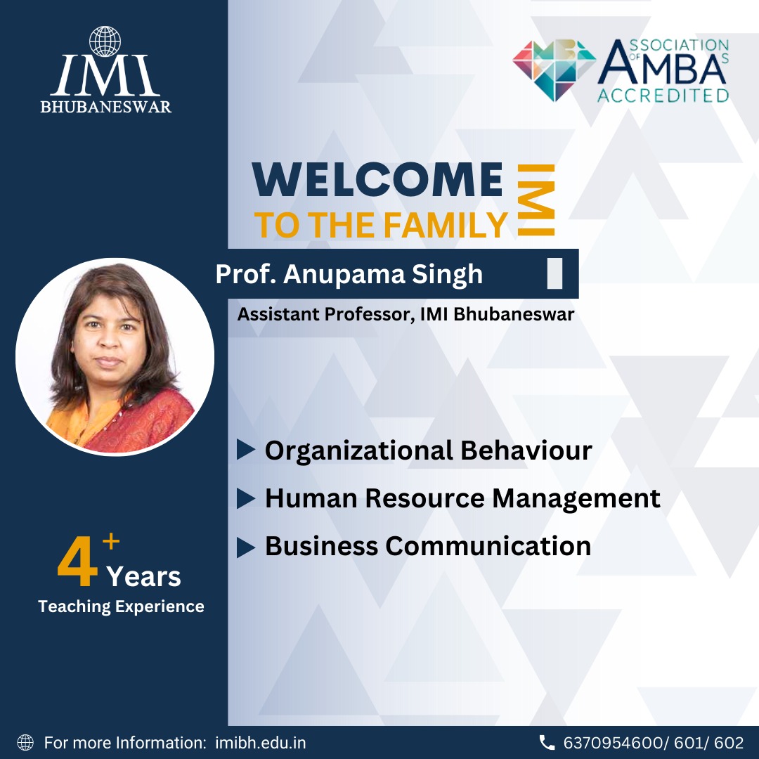 IMI_Bhubaneswar's tweet image. We take great pleasure to share that Prof. Anupama Singh has joined as an Assistant Professor in the area of Human Resource Management.​ ​Prof. Singh has more than four years of teaching experience in the field of human resource management.

#imibh #imi #faculty #humanresource