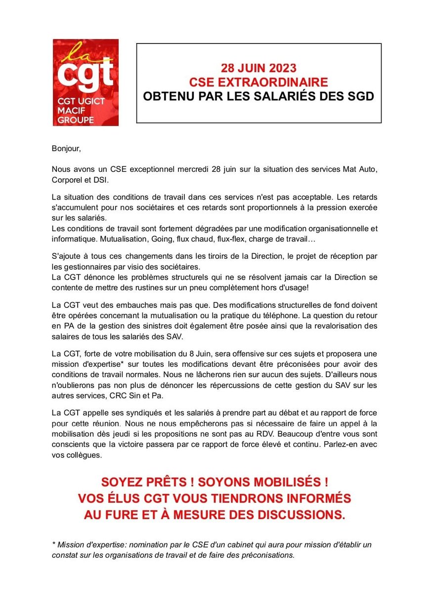 Les salariés gestionnaires MACIF ont des conditions de travail déplorables et intenables. La direction est alertée depuis longtemps et l'inspection du travail inquiète.
QUE SE PASSE T-IL DANS CETTE ENTREPRISE SOIT DISANT MUTUALISTE ?
QUE FAIT LA DIRECTION 
La CGT en soutien ✊️