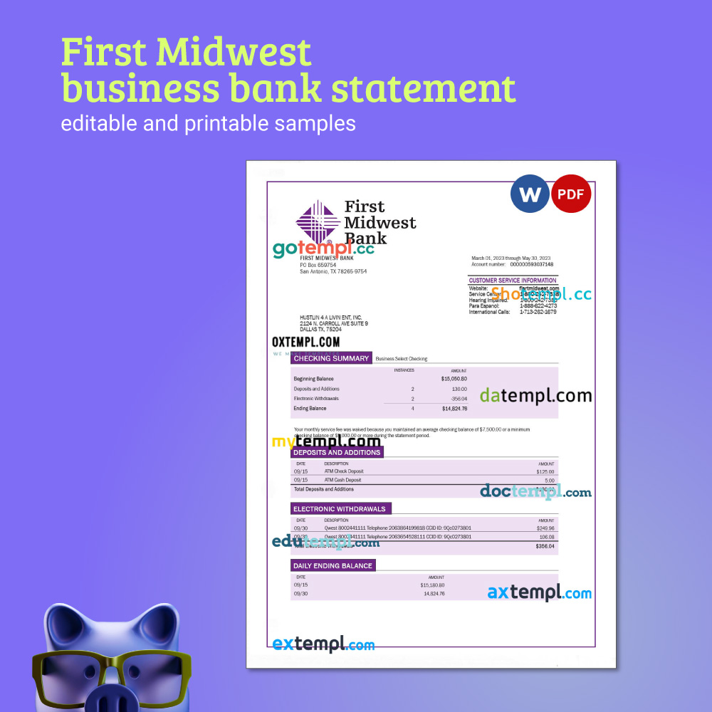 oxtempl's tweet image. 💼 Unleash your financial potential with First Midwest Bank's statement sample!
Stay empowered, make smart choices, and fuel your business's success✨
👉oxtempl.com

#FirstMidwest #bankstatement #business #pdf #Word #templates