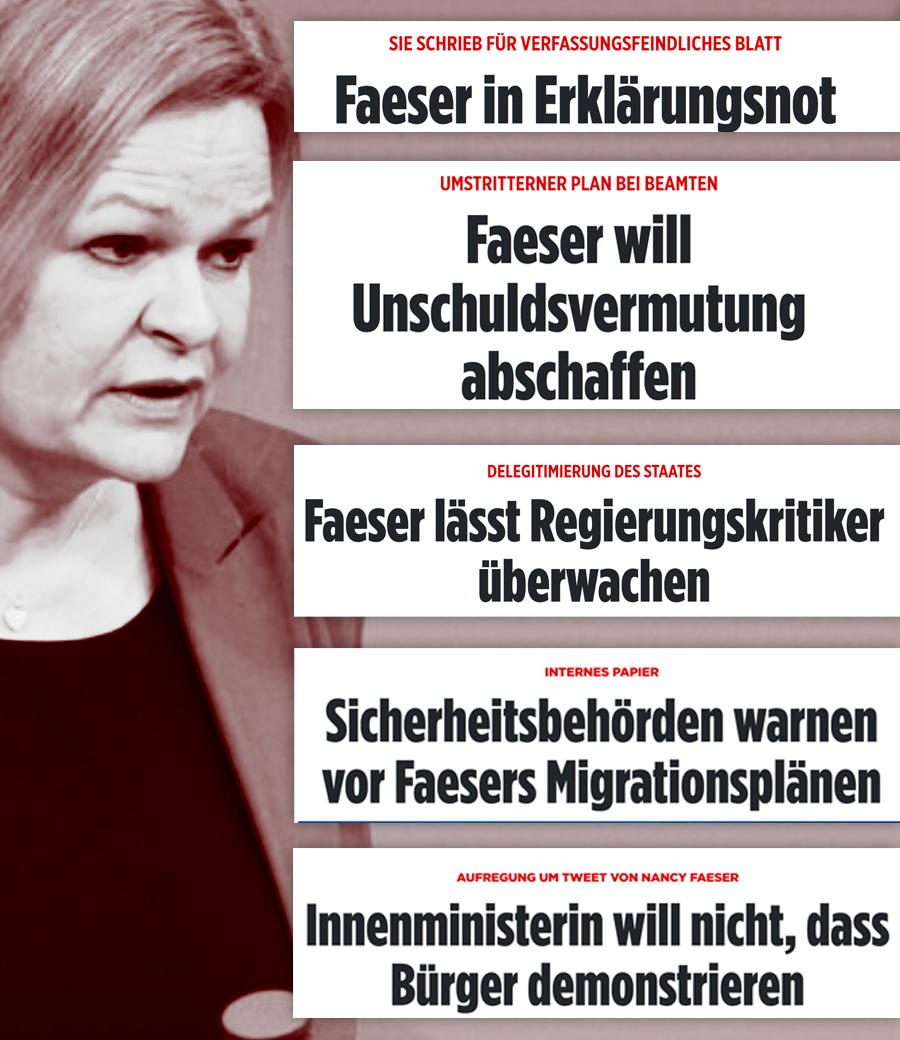 Frau Faeser
So im Überblick könnte man fast einen Verdachtsfall vermuten. Wie gut, dass der Verfassungsschutz dem Innenministerium untersteht.