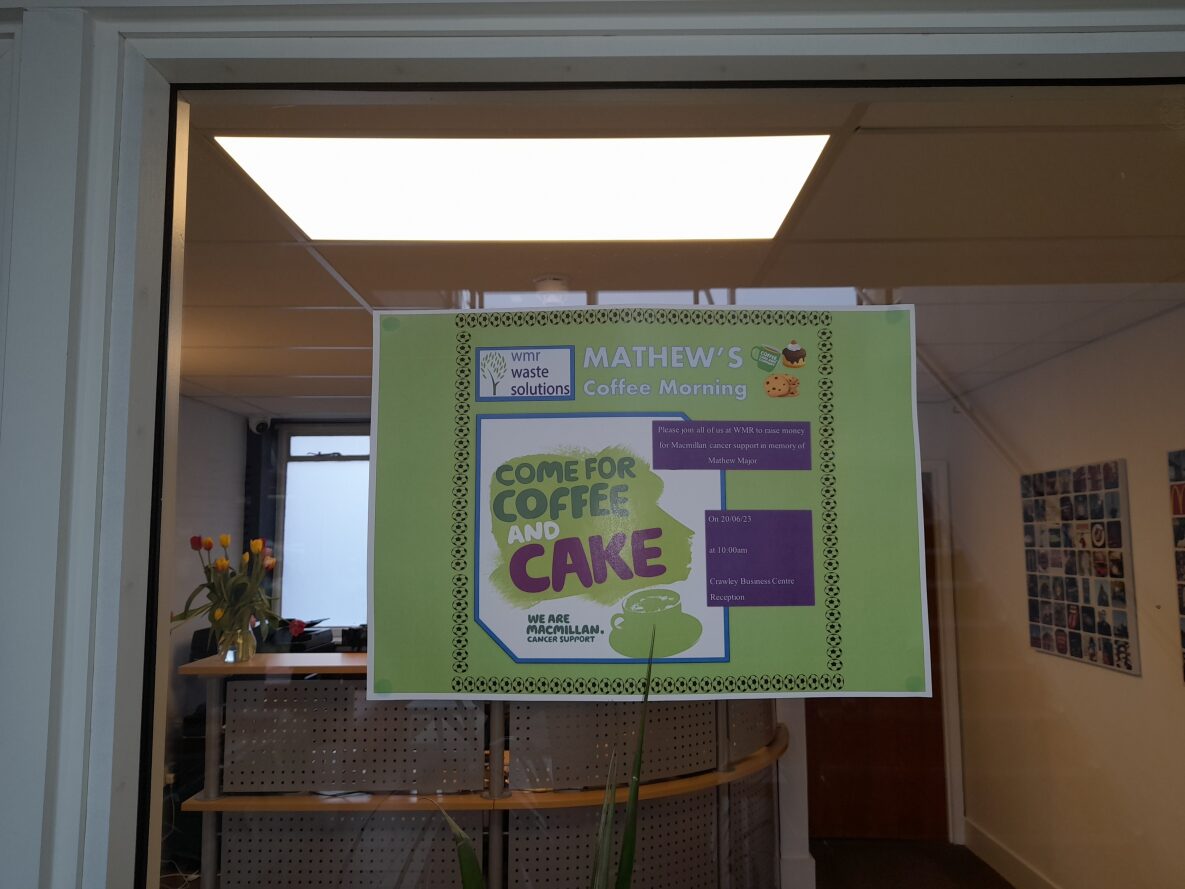 Our team at #Crawley Business Centre helped organise a #MacmillanCoffeeMorning this week in memory of Mathew Major, a Director at WMR Waste Solutions, who sadly passed away in April.
 
If you’d like to show your support, please visit: eu1.hubs.ly/H04gD7N0
