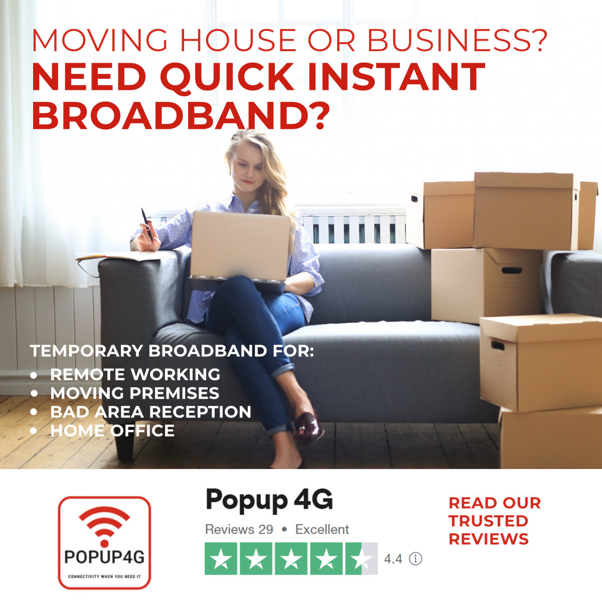 Moving home or business premises? Waiting for your broadband to be connected? Then check out our mobile broadband solutions for instant connection. 
Visit us at: popup4g.com
#workremotely
#broadband 
#temproarybroadband
#broadbandinternet