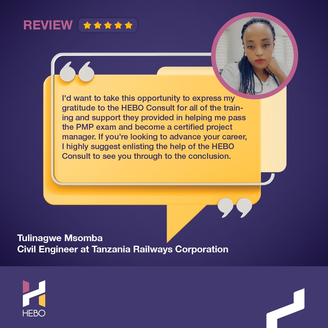 It is Testimonial Tuesday and we are happy to share reviews from our successful PMPs ✨✨ #TulinagweMsomba from <a href="/tzrailways/">Tanzania Railways Corporation</a>  who is a #CivilEngineer working on numerous projects under <a href="/tzrailways/">Tanzania Railways Corporation</a>. She has recently PASSED her PMP and we are very proud of her achievement and wish