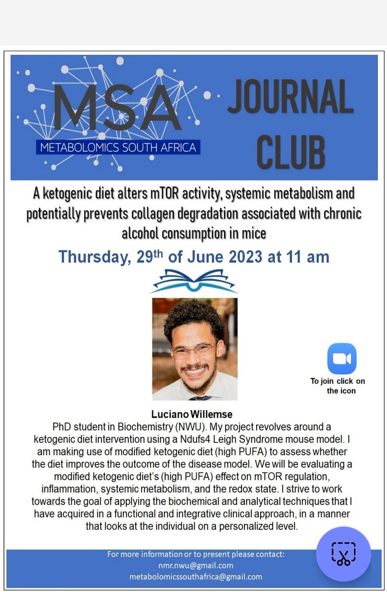 MSA_EC's tweet photo. Hi everyone,
You are invited to join our virtual #MSAjournalclub 🙂
📅 29 June 2023
🕚 11 am SAST
🔗https://t.co/hhe69ugD0d
Please join us! See the poster for more details 😉
#mTOR #ketogenic #diet #alcohol #collagen #metabolomics https://t.co/JBzTtSebTC
