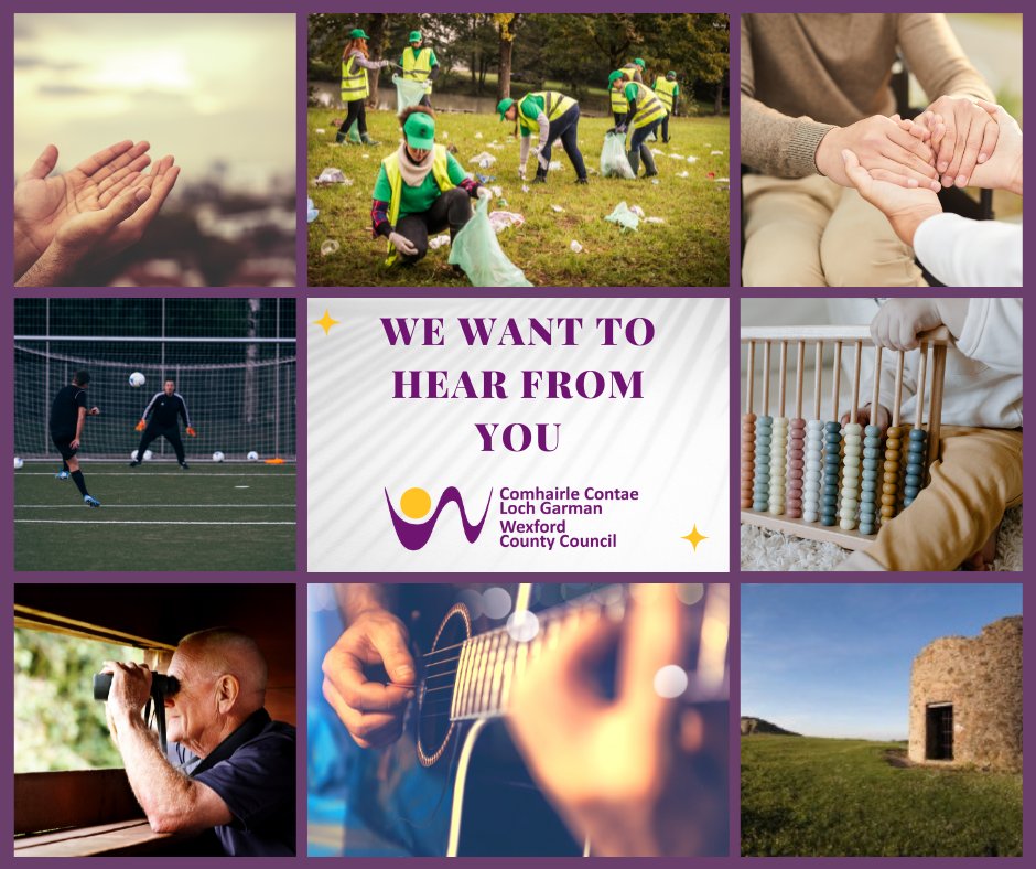 We want to hear from you!! 

Do you provide any of these services in Wexford Town:

• Health/Social Care
• Faith/Religion
• Childcare/Education/Training
• Art/Music/Culture/Heritage
• Community/Neighbourhood/Voluntary
• Active Sport/Passive Recreation