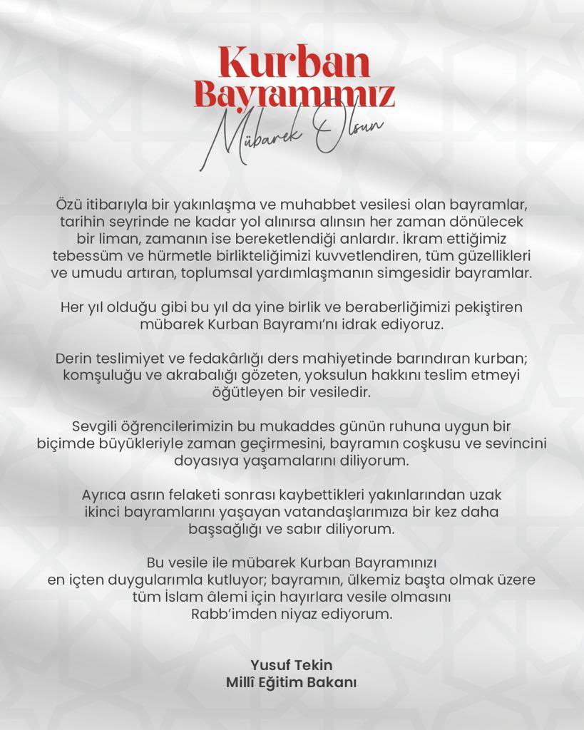 tcmeb's tweet image. Bakan @Yusuf__Tekin’in Kurban Bayramı Mesajı

“Sevgili öğrencilerimizin bu mukaddes günün ruhuna uygun bir biçimde büyükleriyle zaman geçirmesini, bayramın coşkusu ve sevincini doyasıya yaşamalarını diliyorum.”

👉 meb.ai/UeteZmX