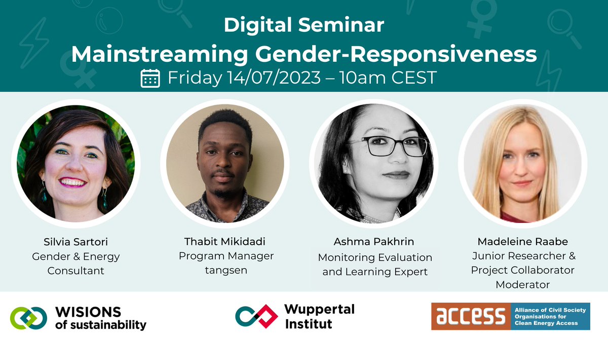 WISIONS of sustainability (@wisions) on Twitter photo 📣 Upcoming seminar on energy access & gender! Join our 5th seminar with <a href="/ACCESSCSOs/">ACCESS Coalition</a>. Experts <a href="/ziyuusan/">Silvia Sartori</a>, Thabit Mikidadi, & Ashma Pakhrin will share their experience on integrating gender-responsiveness in #energyaccess.
📅14/07 10am CEST
👉buff.ly/3PvVM3G
#womeninenergy 📣 Upcoming seminar on energy access & gender! Join our 5th seminar with <a href="/ACCESSCSOs/">ACCESS Coalition</a>. Experts <a href="/ziyuusan/">Silvia Sartori</a>, Thabit Mikidadi, & Ashma Pakhrin will share their experience on integrating gender-responsiveness in #energyaccess.
📅14/07 10am CEST
👉buff.ly/3PvVM3G
#womeninenergy