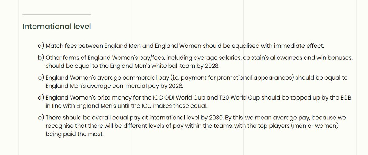 _hypocaust's tweet photo. Recommendations from the report by the Independent Commission for Equity in Cricket include:

"a fundamental overhaul of the professional women players’ pay structure within English &amp; Welsh cricket" 

in order to achieve equal pay domestically by 2029 and internationally by 2030. https://t.co/IYqnwMAmfu